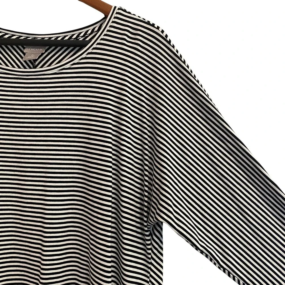 Chico's Striped Top Womens Chico Size 2 Longline 3/4 Sleeve WHITE Black - Picture 3 of 11